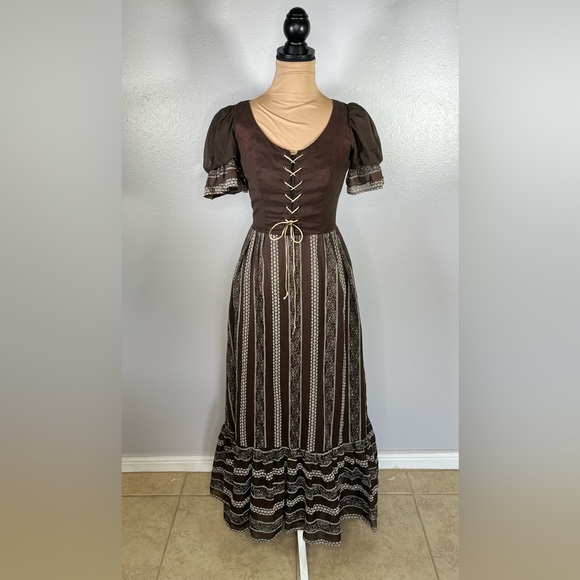 unionmade vintage Brown lace up Prairie boho peasant cottagecore maxi Dress XS/S - Picture 1 of 7